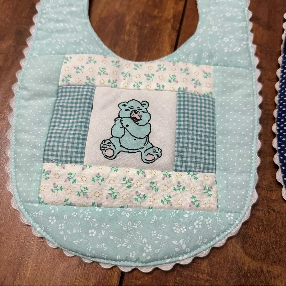 Blue and Navy teddy bear embroidered Baby Bib Set